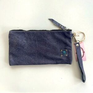 NWT The coolest navy leather clutch Wristlet with skull and two tone zipper